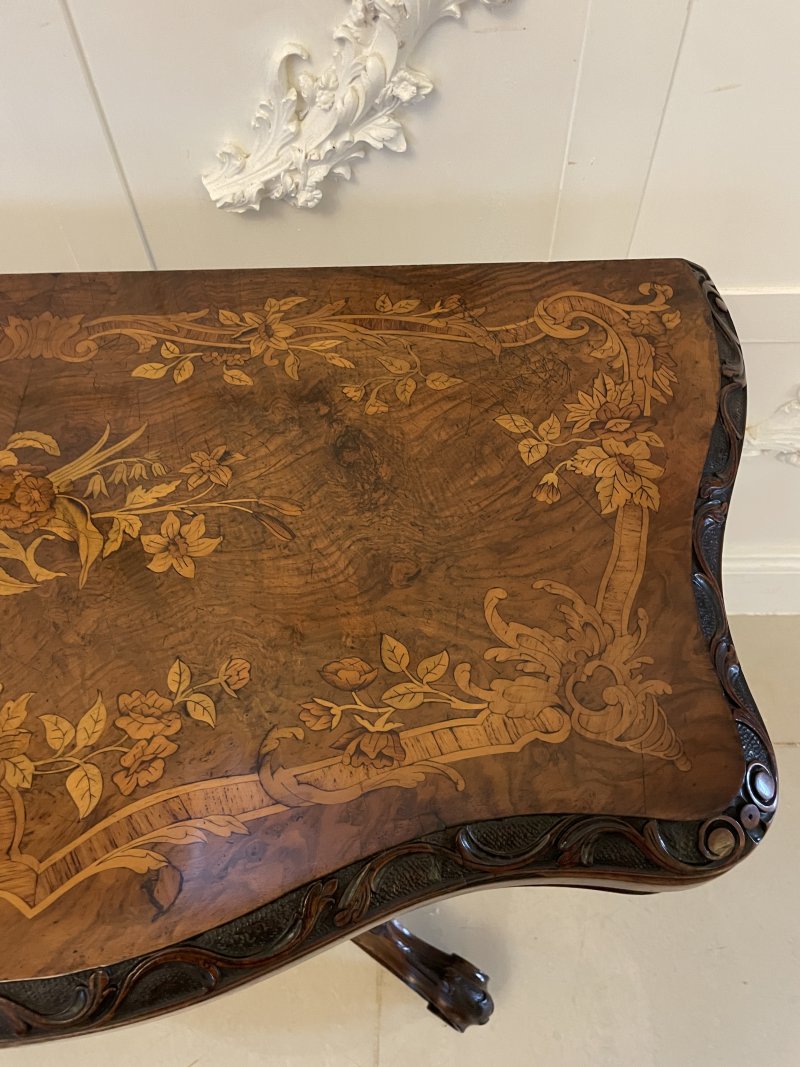 Exceptional Quality Antique Victorian Burr Walnut Inlaid Floral Marquetry Card/Console Table - Image 12